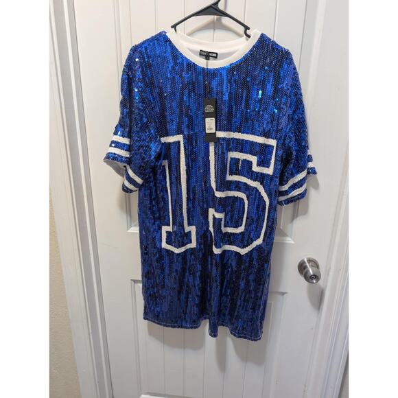 Fashion Nova Blue Sequins Jersey Game Time Party Shirt Dress Size L NWT! - Picture 4 of 10